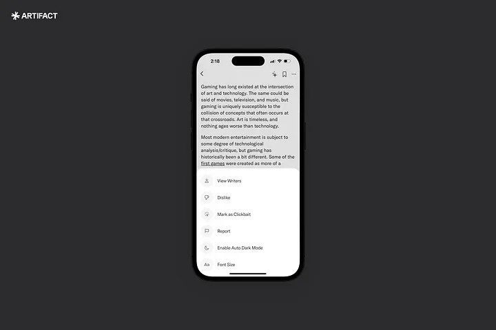 Artifact’s menu of actions now includes the option to “Mark as Clickbait.” 
