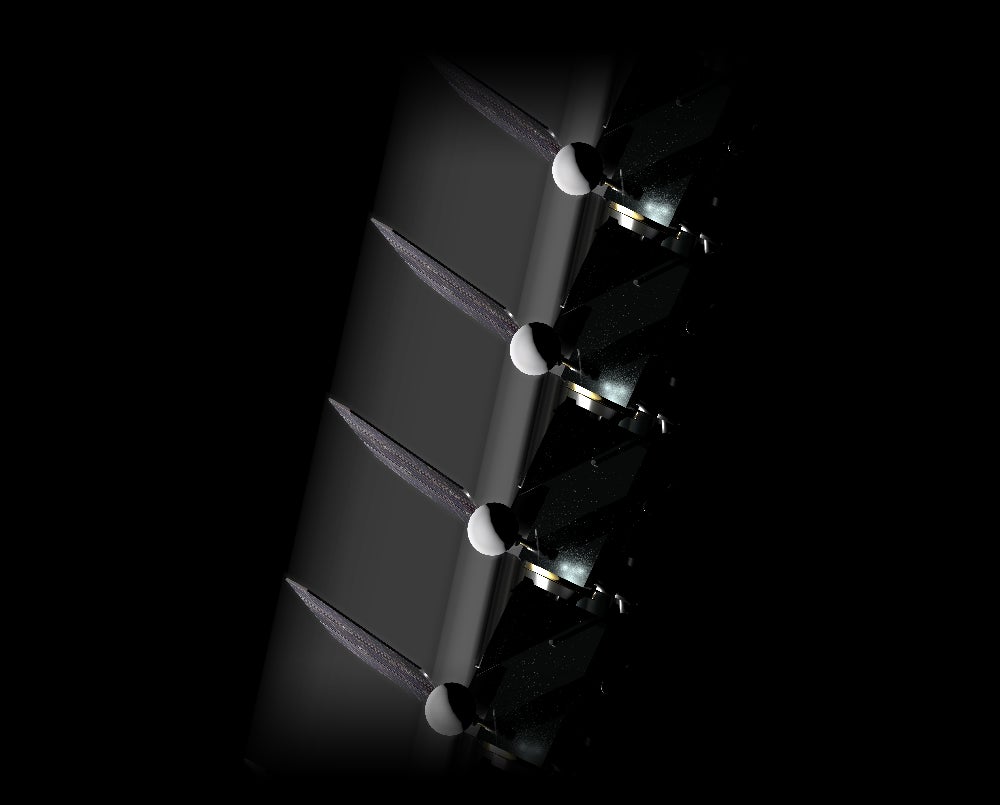 A digitally enhanced view of LRO as imaged by Danuri’s ShadowCam, showing the otherwise fuzzy image in high-resolution. LRO appears four times in the image due to the speeds and resolutions involved, among other factors. 