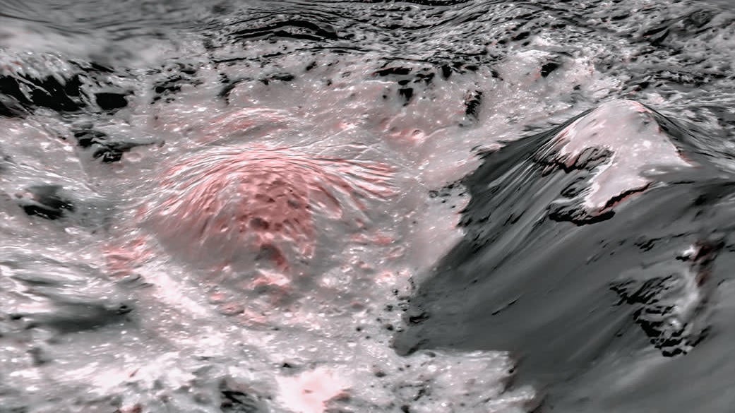 False-color image showing the interior of Occator Crater. The pinkish areas show regions in which exposed brine spilled out onto Ceres’s surface. 