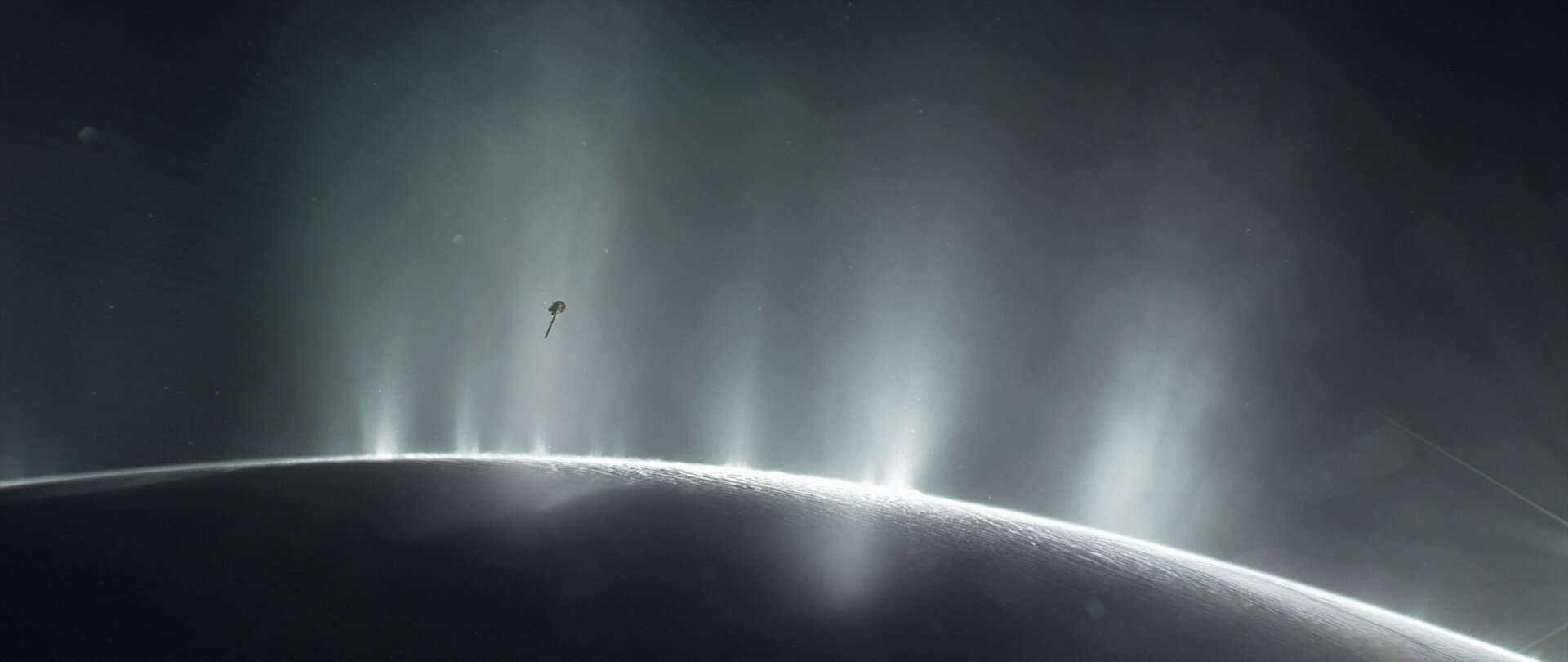 Artist’s depiction of the Cassini probe traveling through the geysers shooting up from Enceladus.