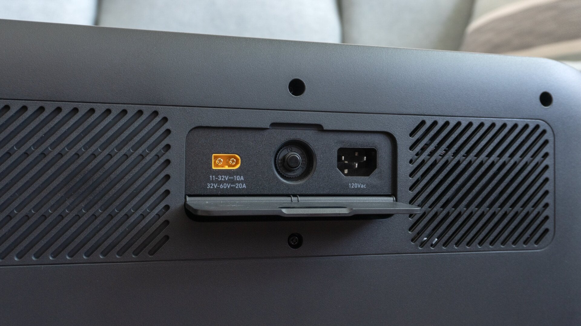 The Anker PowerHouse 767's charging ports are hidden on the back of the power station, including an AC plug and a port to connect solar panels.