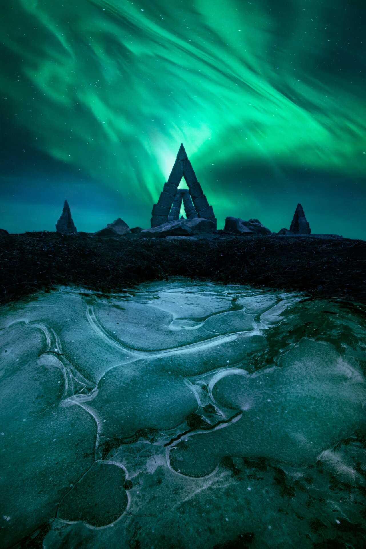 The Northern lights over Arctic Henge.
