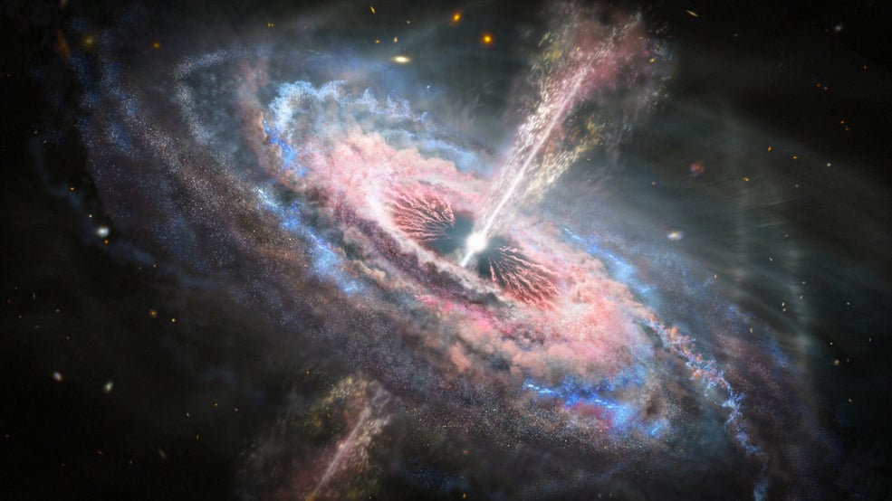 An artist’s concept of a quasar, a luminous galactic nucleus with a supermassive black hole at its core.