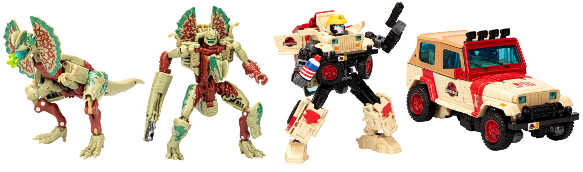 The Decepticon Dilophocon’s two transformation modes (left) and the Autobot JP12's two transformation modes.