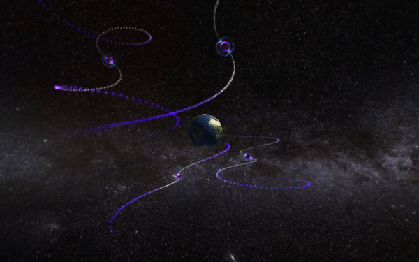 An animation of pulsars spinning around Earth.