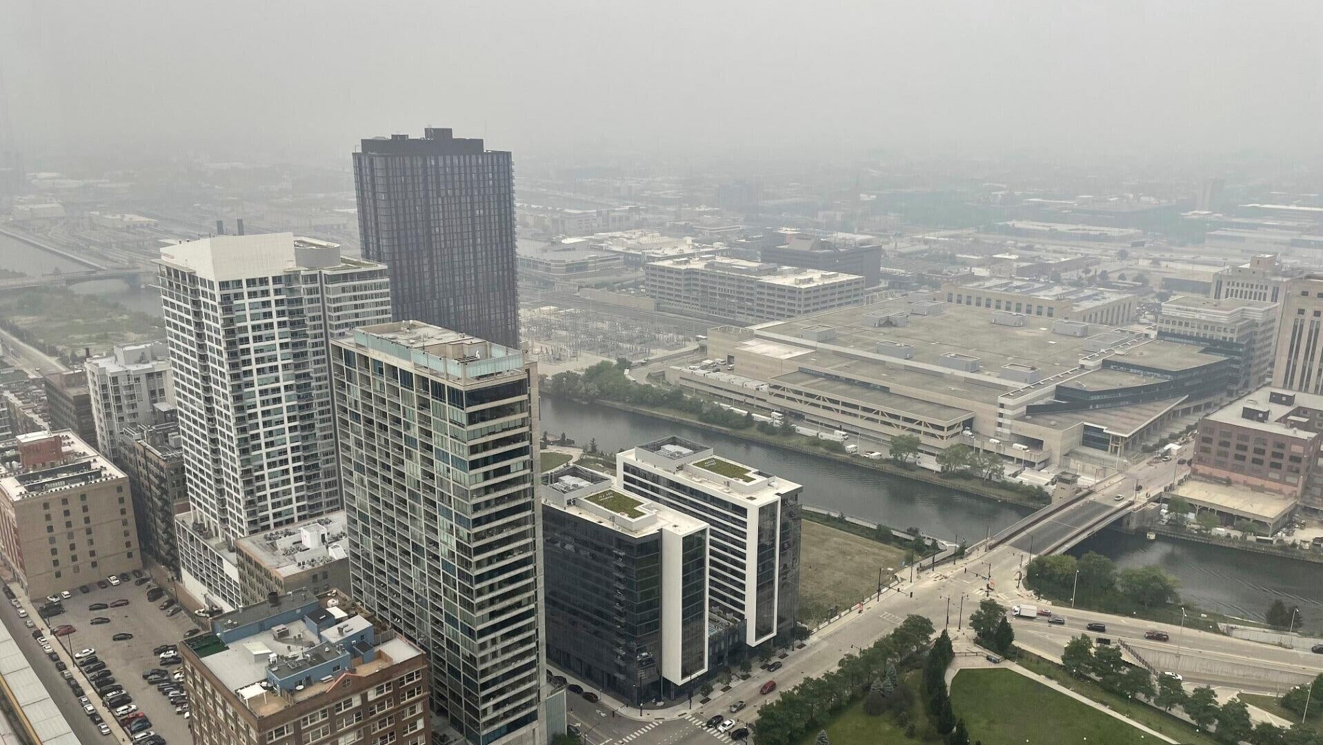 The South Branch of the Chicago River is pictured in downtown Chicago, where the air quality has been categorized “unhealthy” by the U.S. Environmental Protection Agency, on Tuesday, June 27, 2023.