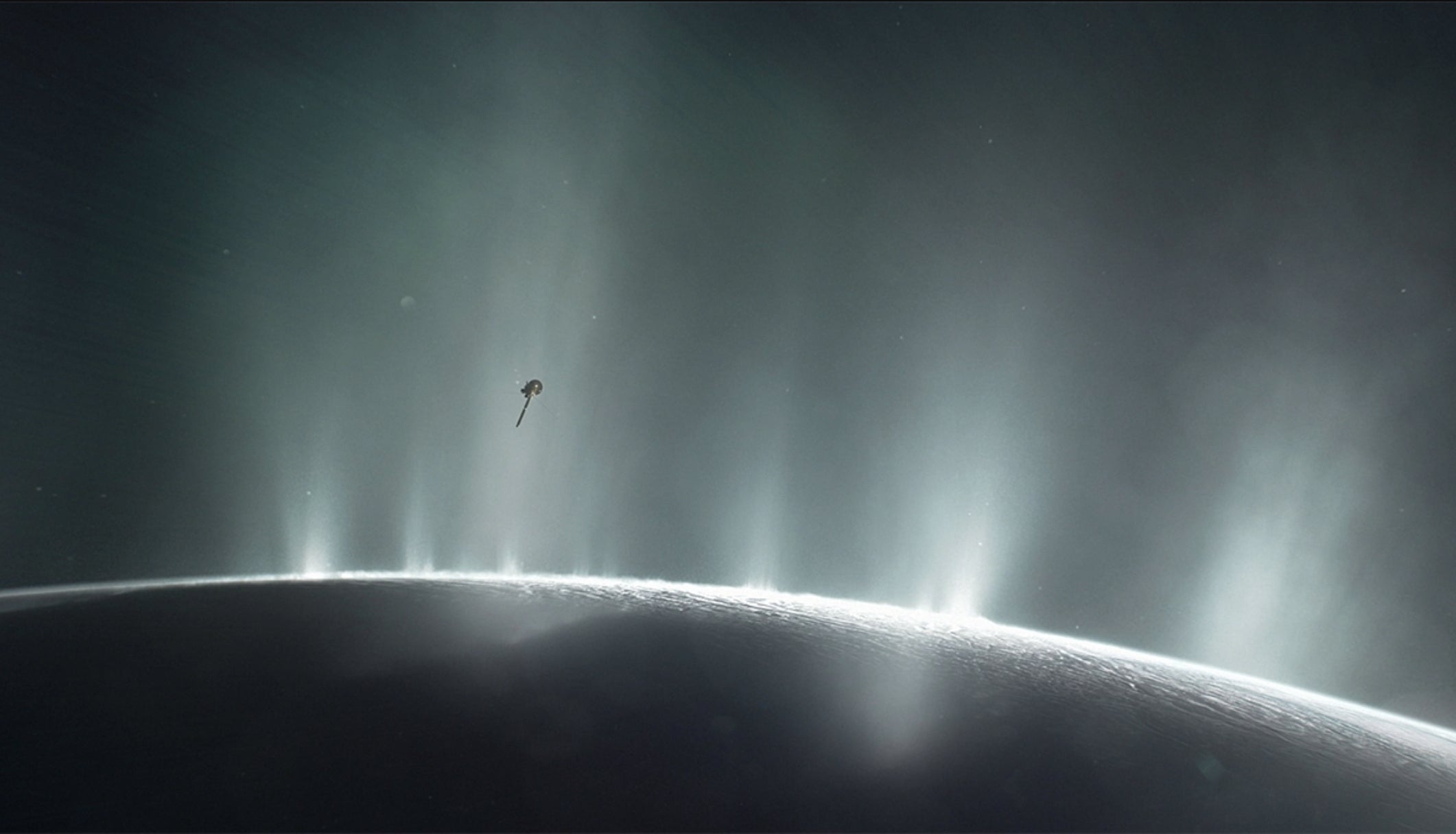 An artist’s impression of the Cassini spacecraft flying through the plumes of Enceladus.