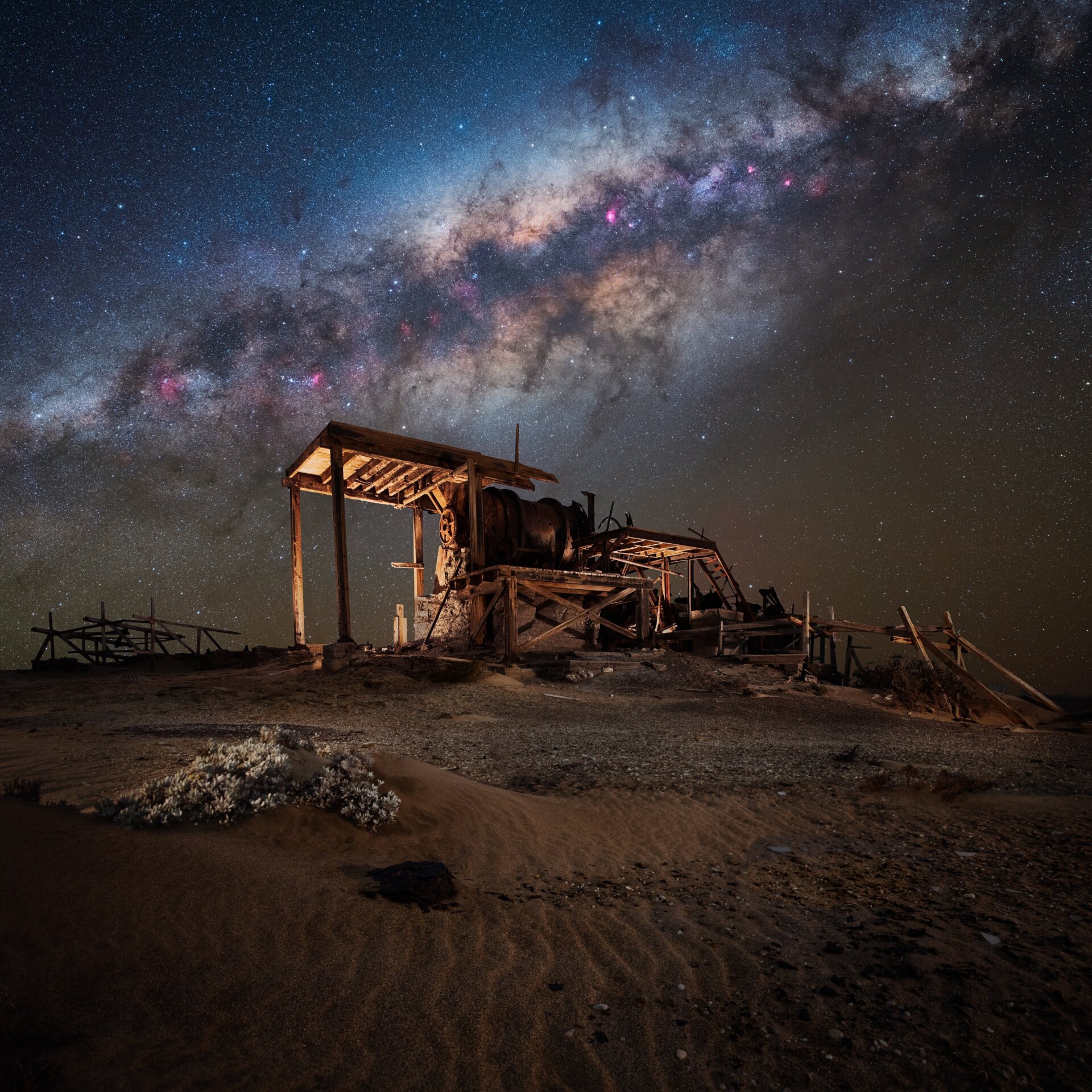 The Milky Way over an abandoned processing planet in Namibia.