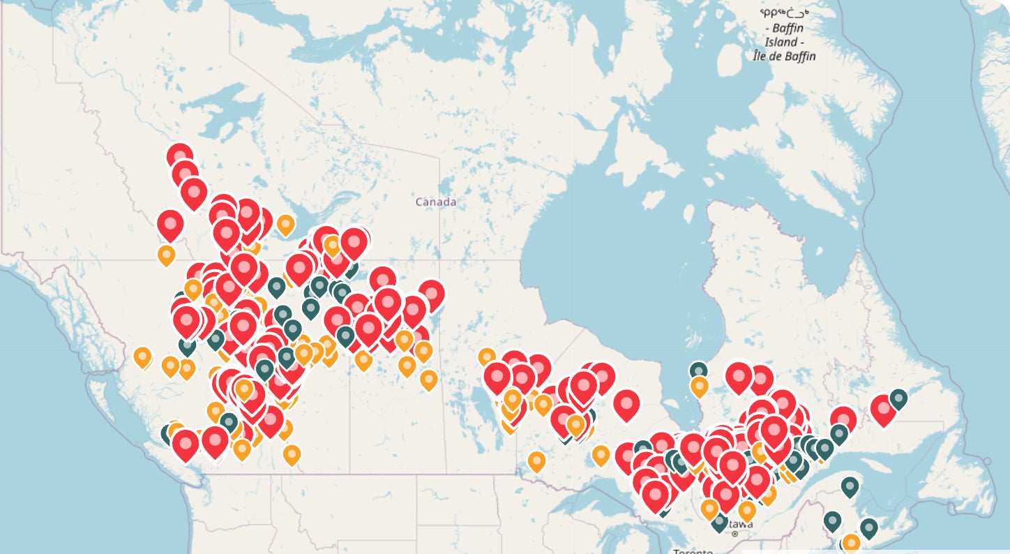 Fires across Canada as of June 6 2023. Red points are out of control fires, blue points are “being held”, and yellow represent controlled fires. 