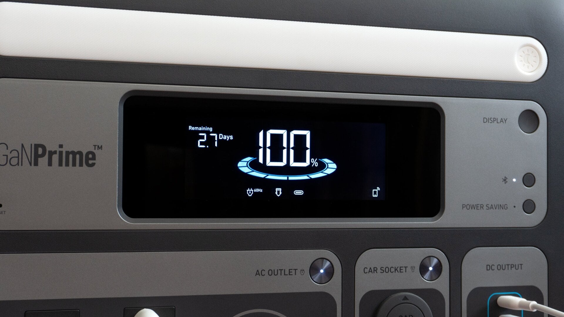 The Anker PowerHouse 767's LCD screen provides basic information about the power station’s operation, including the current charge level, how many watts are currently being drawn, what outlets are actively being used, and an estimate of how long before it will be fully depleted based on the current power draw.