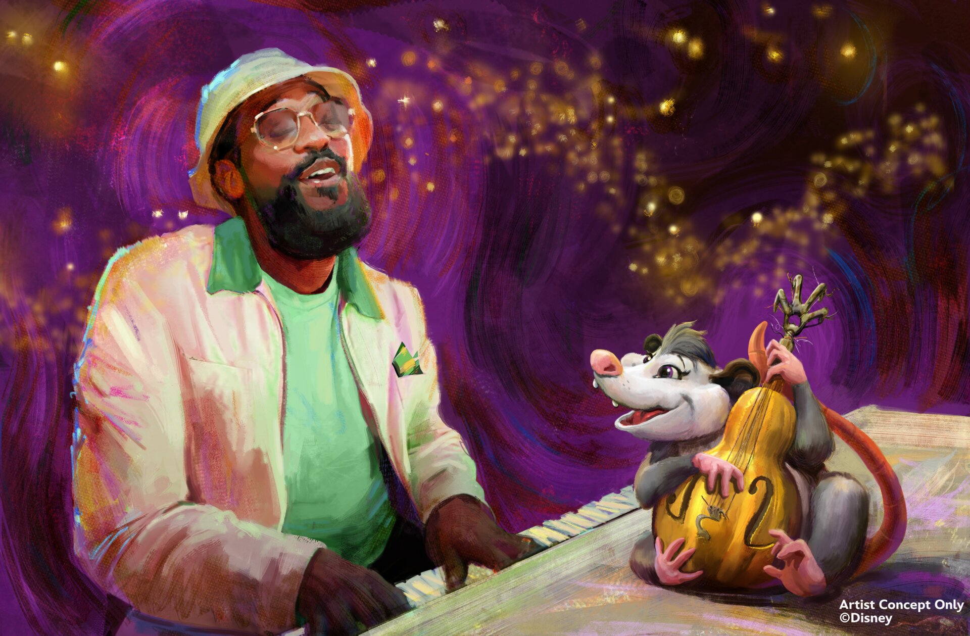 Art of PJ Morton and one of the new critter musicians which will be an animatronic in the attraction