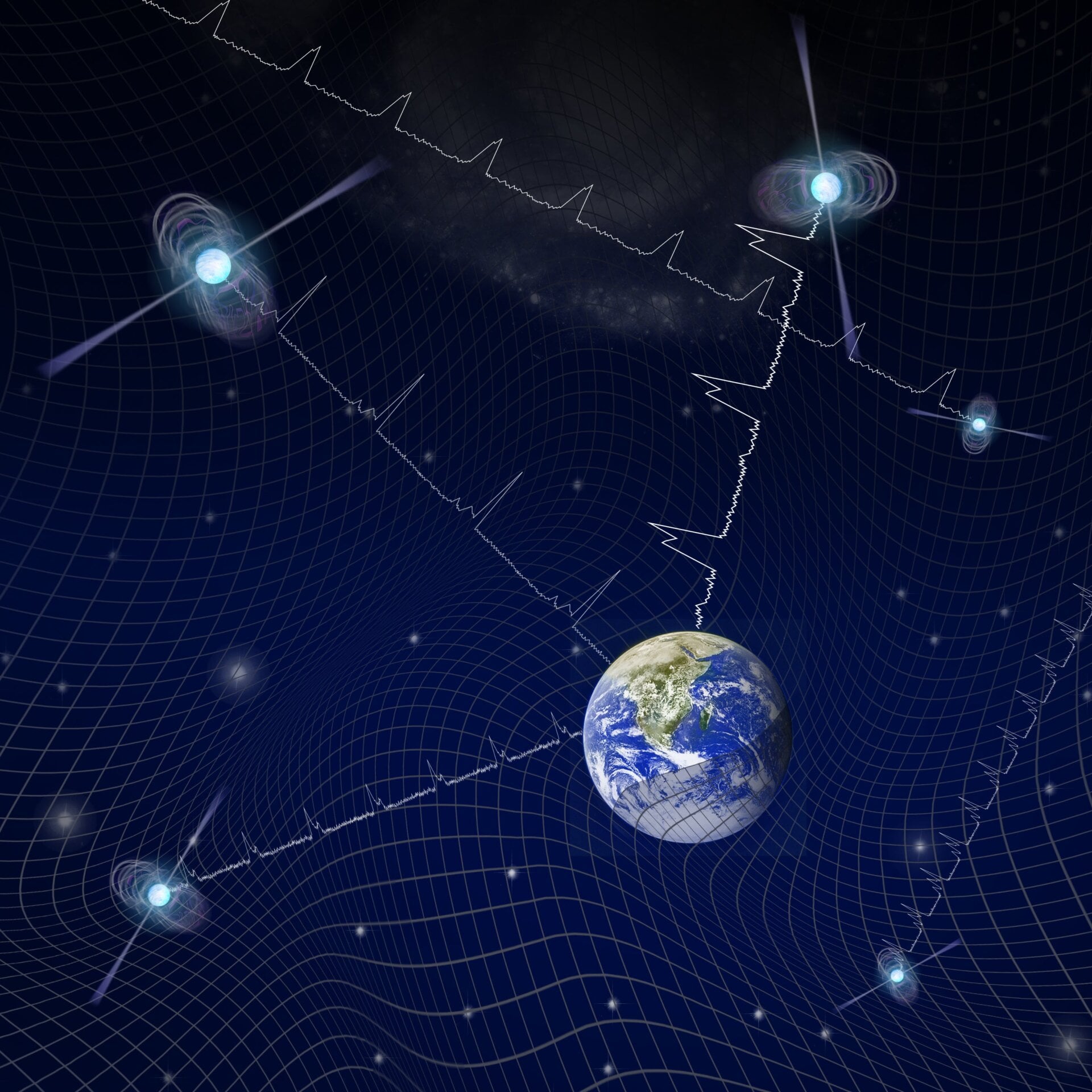 An illustration showing how NANOGrav uses pulsar timing to detect gravitational waves.