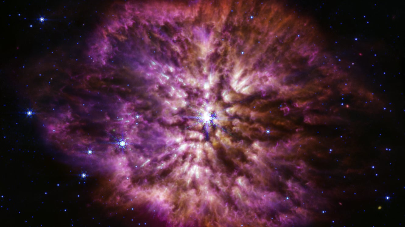 The dying star Wolf-Rayet 124. Debris around dying stars may be a source of gravitational waves.