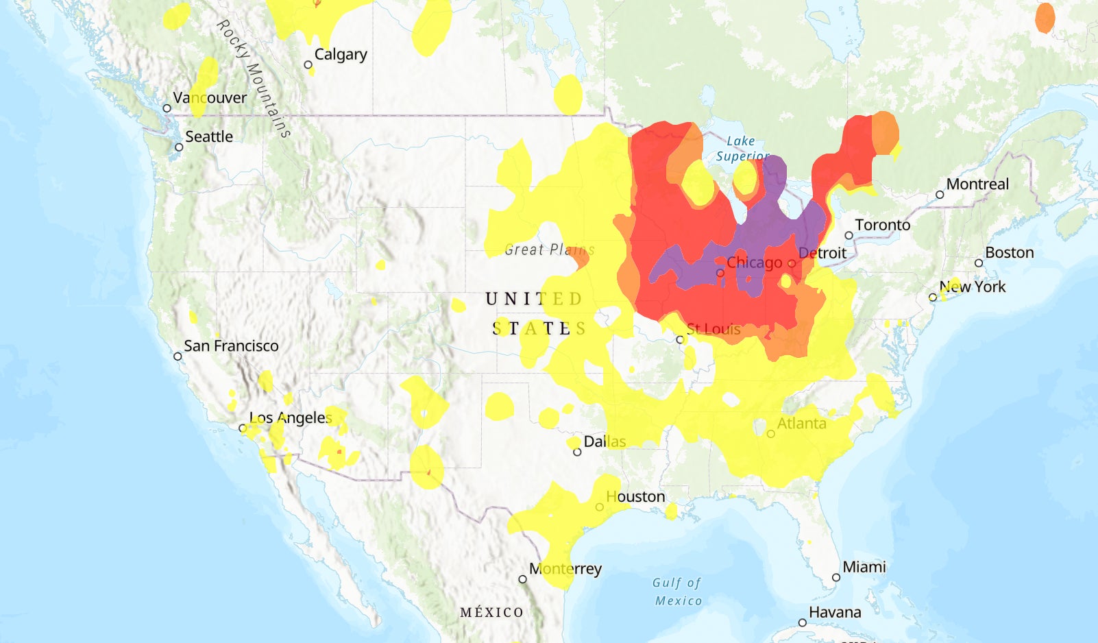 Pollution from Canadian wildfire smoke over the Midwest and Great Lakes region on June 27, 2023.