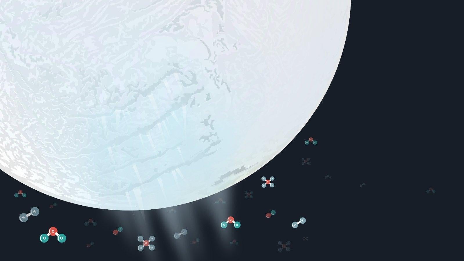 An illustration of water plumes emanating from Enceladus, revealing molecules and compounds.