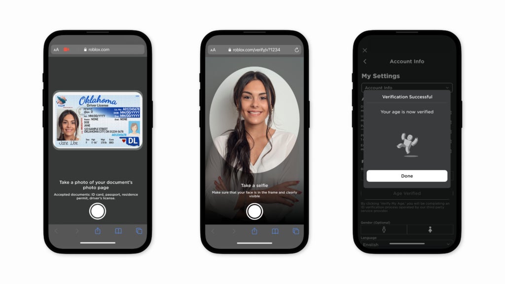 Roblox says that age-verification will require users to submit a government-issued ID and an accompanying selfie,