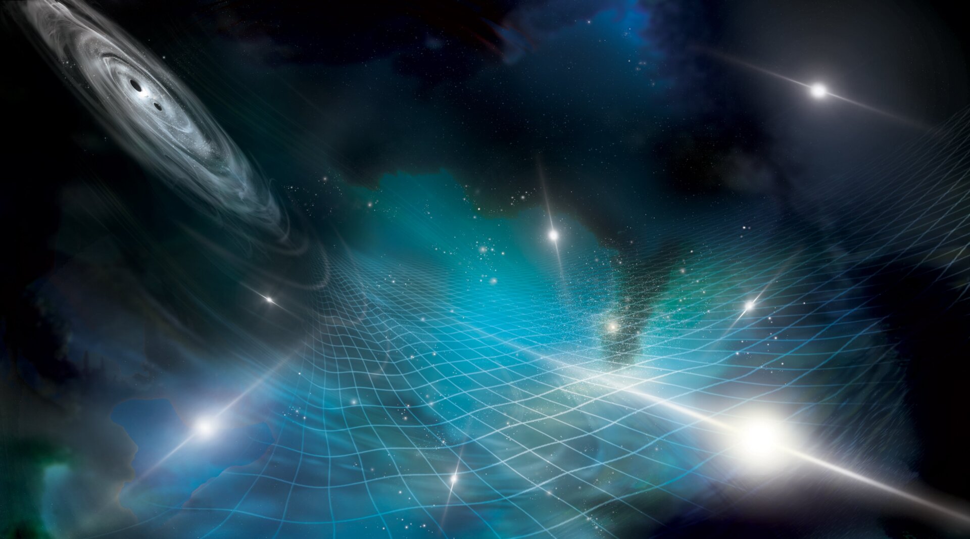 An artist’s impression of a supermassive black hole binary (top left) sending gravitational waves through space populated by pulsars (white).