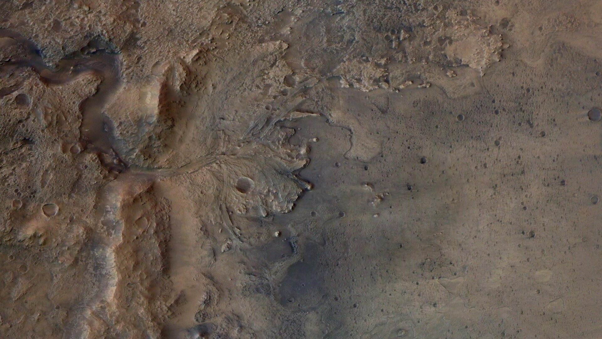 The western edge of Jezero Crater features a dried-up river delta, as imaged by ESA’s Mars Express Orbiter.