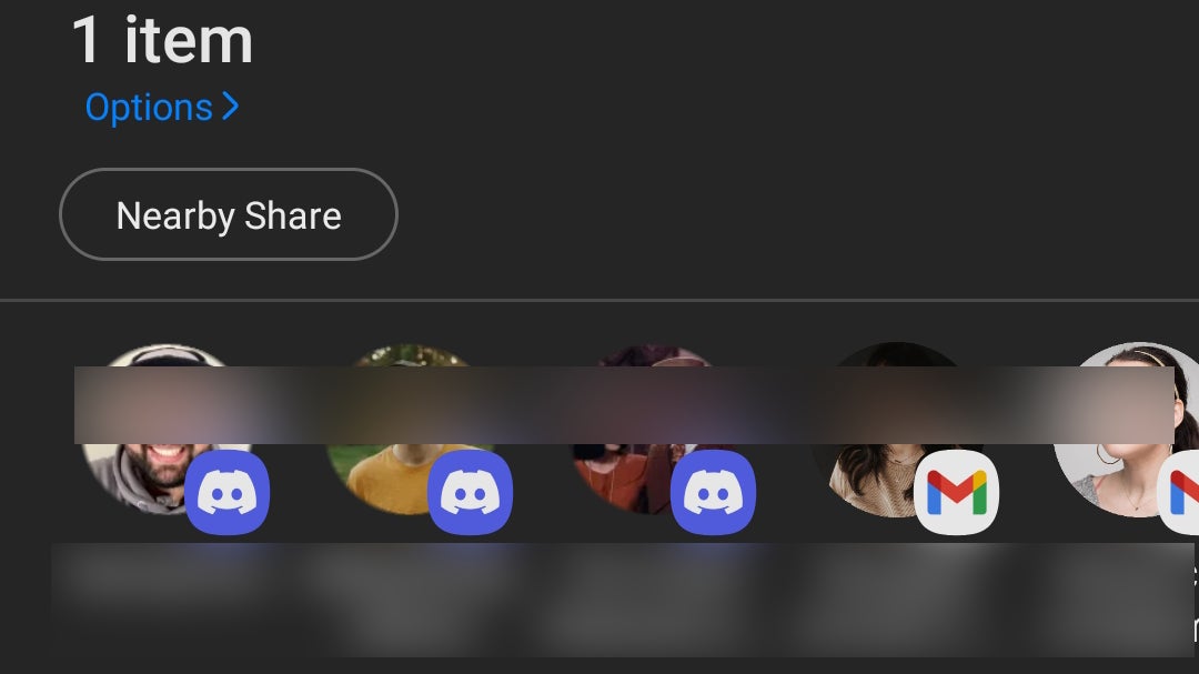 This is what the Share menu looks like on Samsung. Tap the Nearby Share option to send an image or copied text to another device. 
