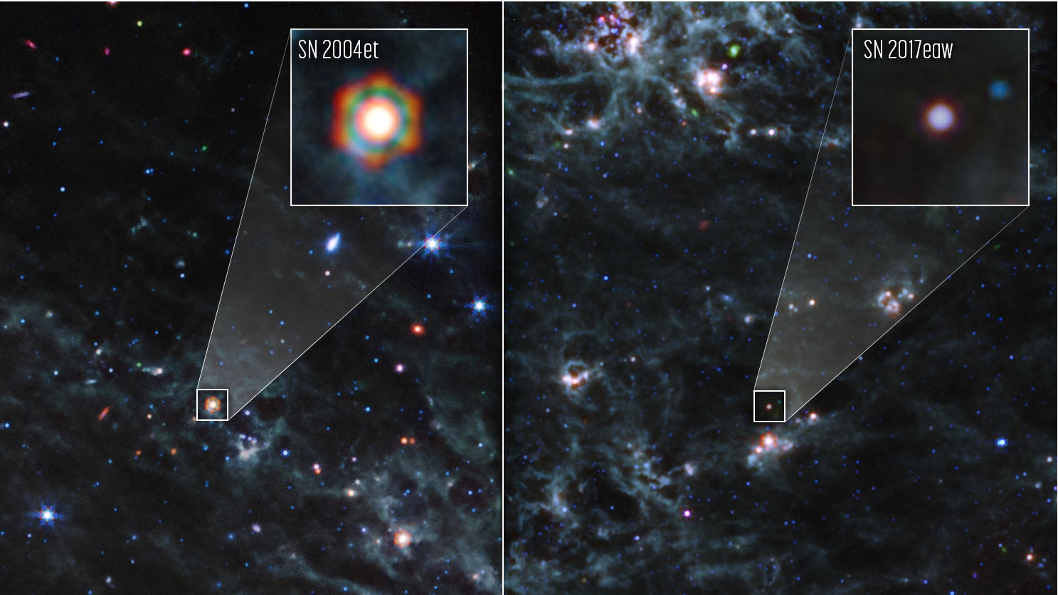Webb Telescope images of two supernovae in the spiral galaxy NGC 6946.