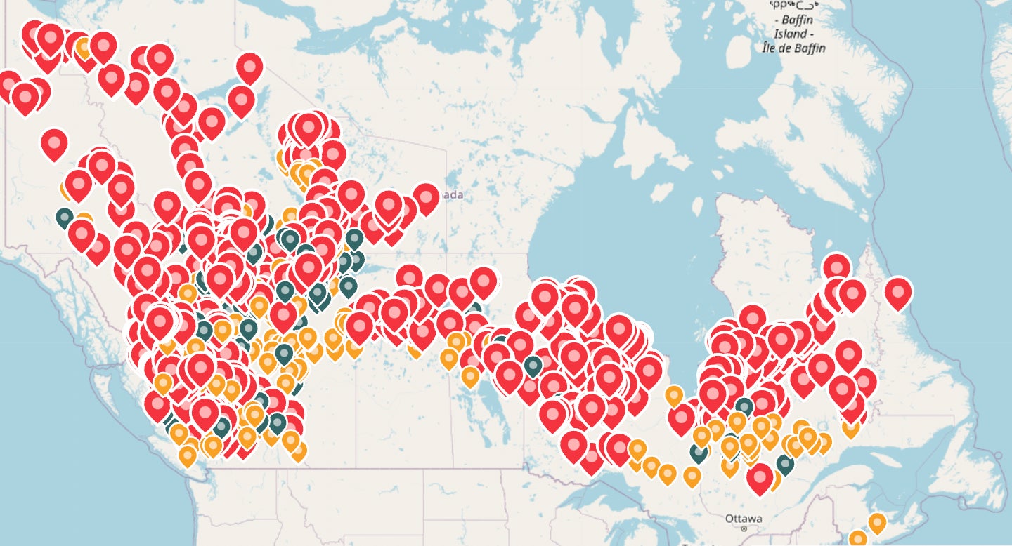More than 800 reported wildfires in Canada on July 16 2023. 