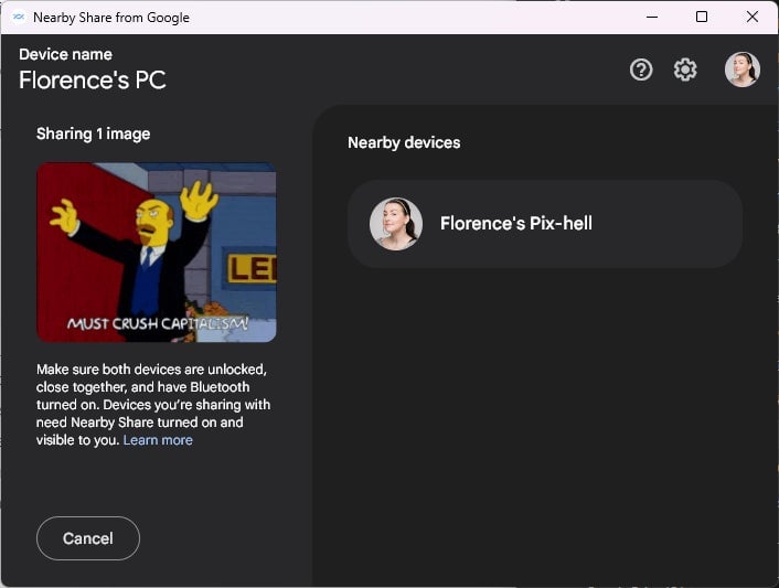 Easily drag and drop an image from your desktop into the Nearby Share app for Windows to send something to your Android device.