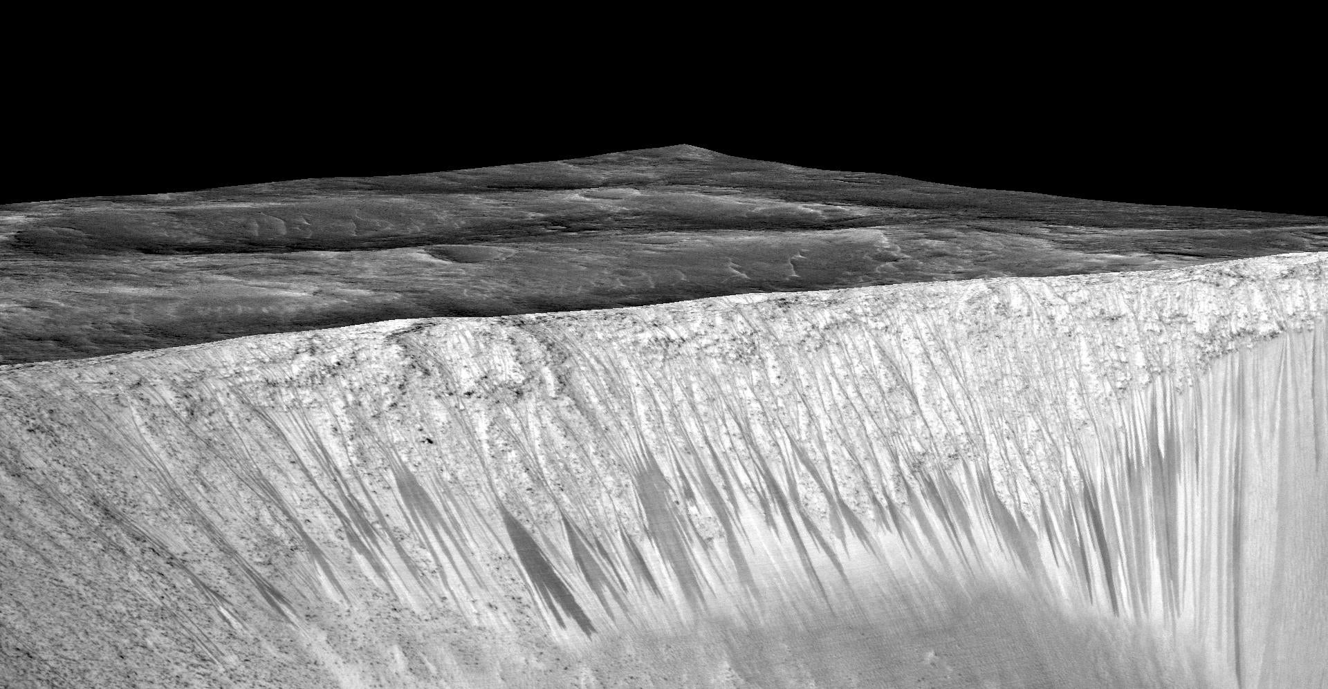 Streaks (linae) in Mars’ Garni Crater, thought to have been formed by the flow of briny liquid water.