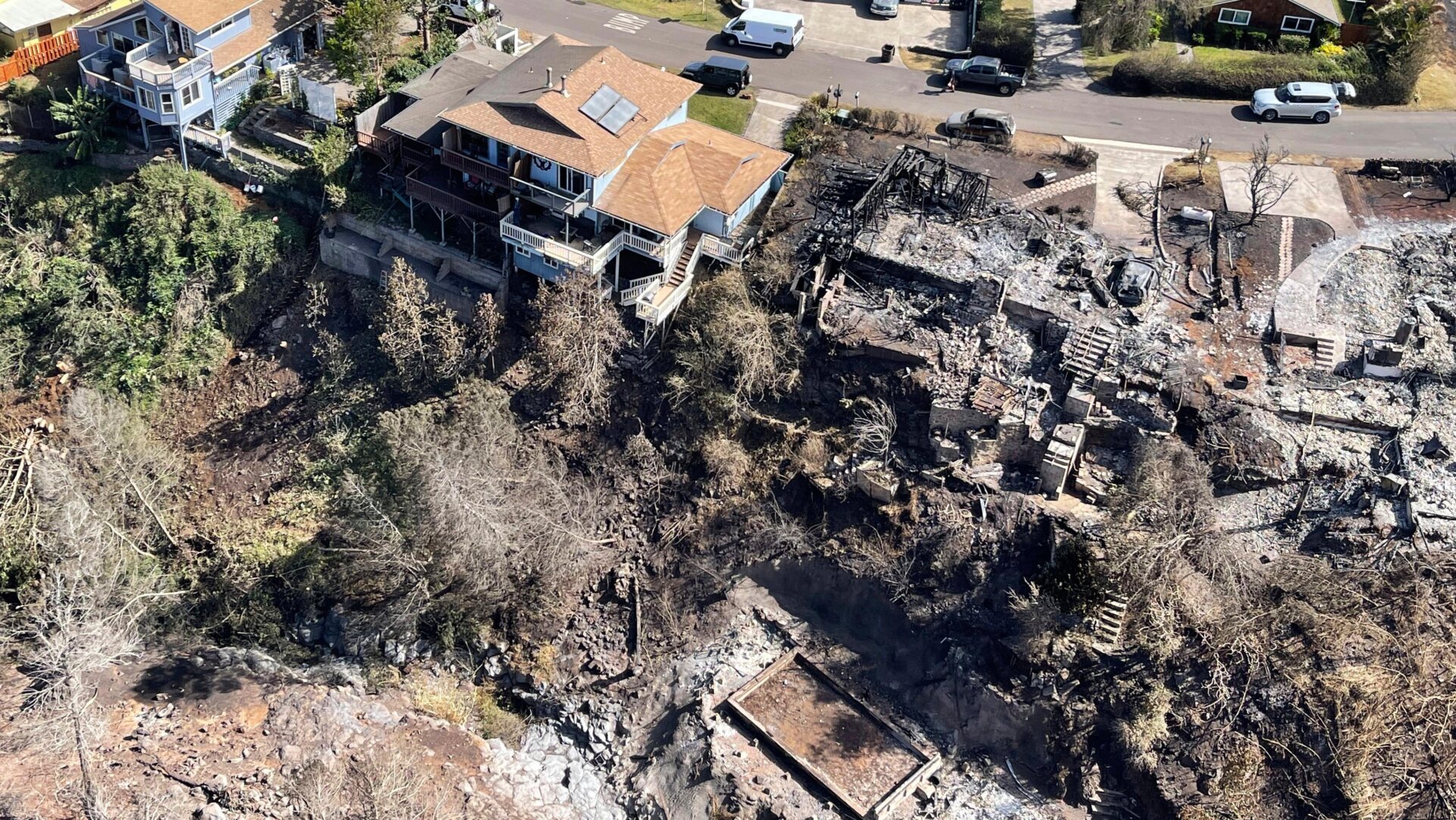 Burnt areas in the Kula community of the Upcountry region on the Maui island, Hawaii, Friday, August 11, 2023, following a wildfire.