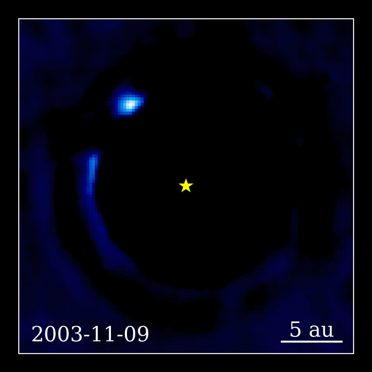 A gif of image data showing Beta Pictoris b’s orbit around its star.