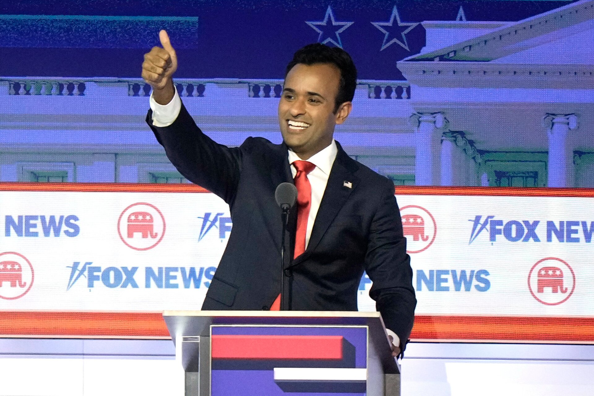 Businessman Vivek Ramaswamy reacts after a Republican presidential primary debate hosted by FOX News Channel on August 23, 2023, in Milwaukee.
