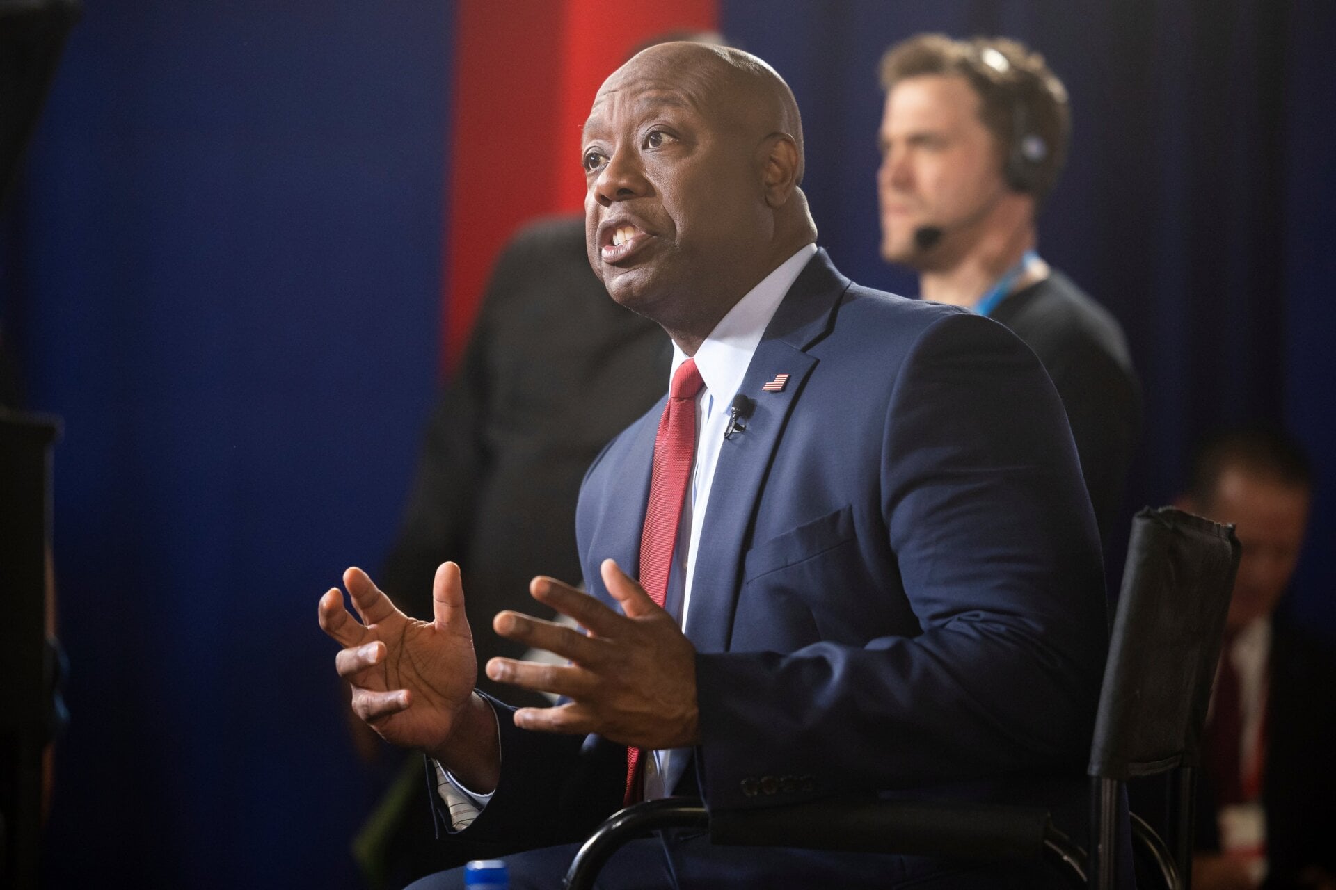 Republican presidential candidate Tim Scott gives an interview after the first Republican presidential debate of the 2024 election cycle at Fiserv Forum in Milwaukee, on August 23, 2023. 