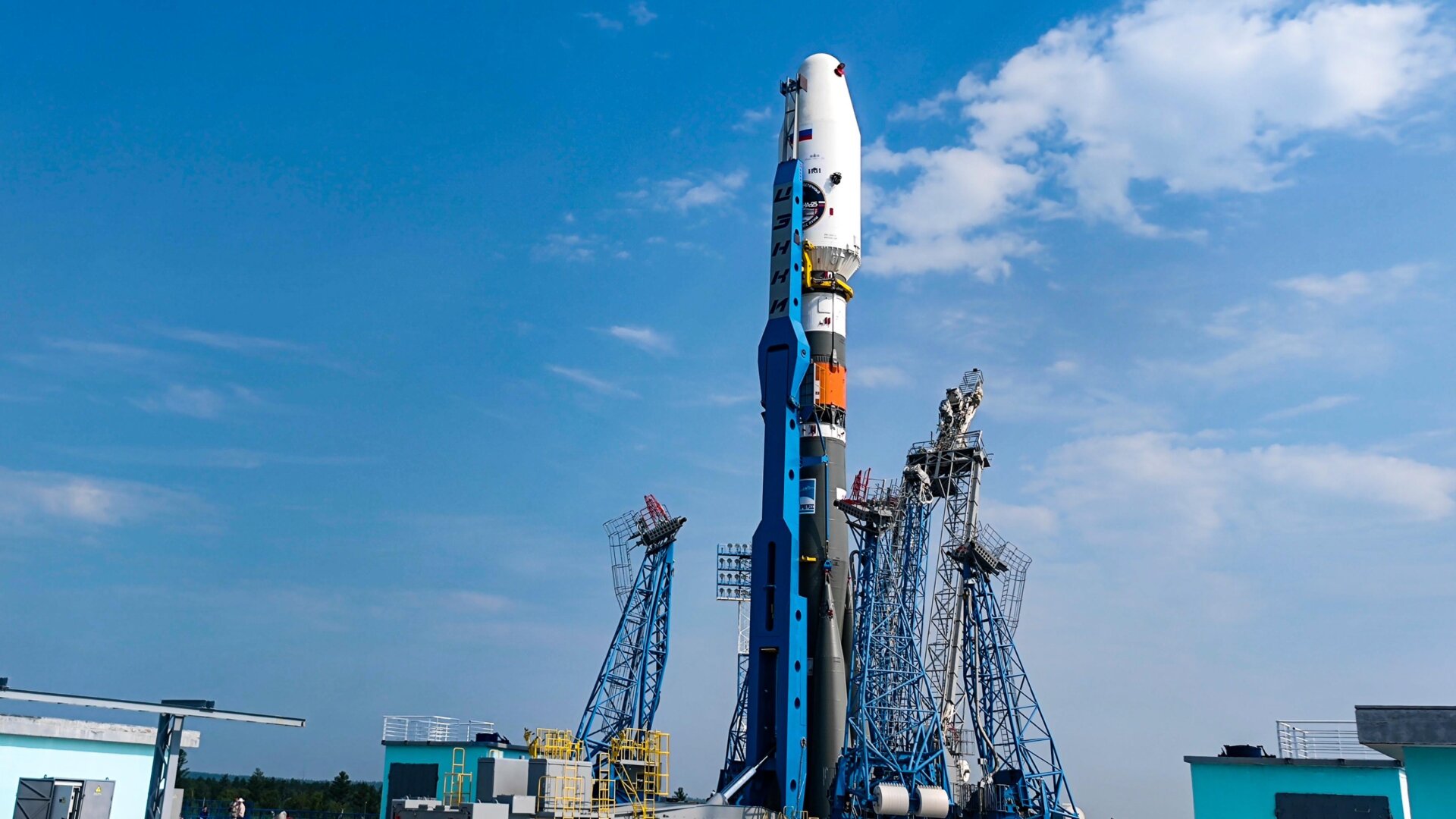 The Luna 25 lunar lander on board a Soyuz-2.1b rocket at a launch pad at the Vostochny Cosmodrome in August 8, 2023.