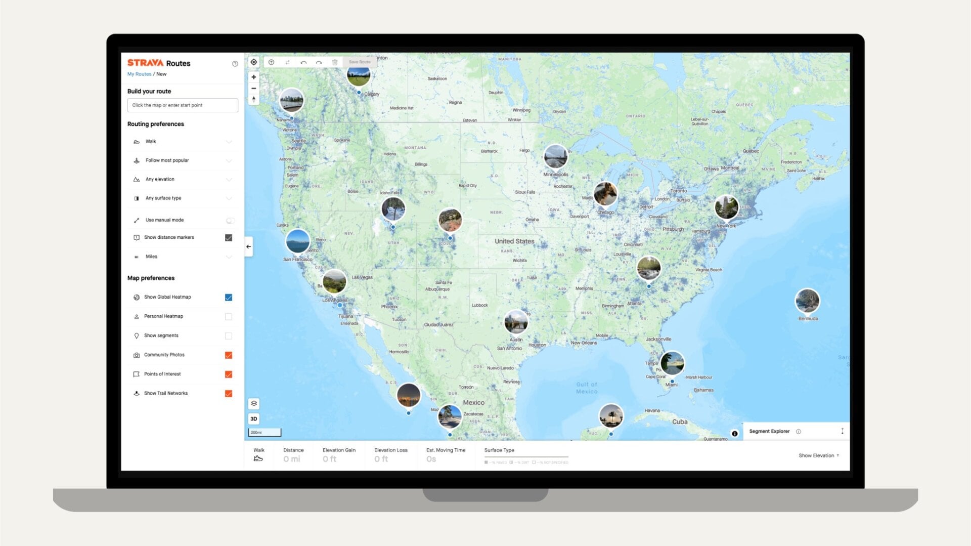 Strava shows the latest community photos inside its web-based Route Builder feature.