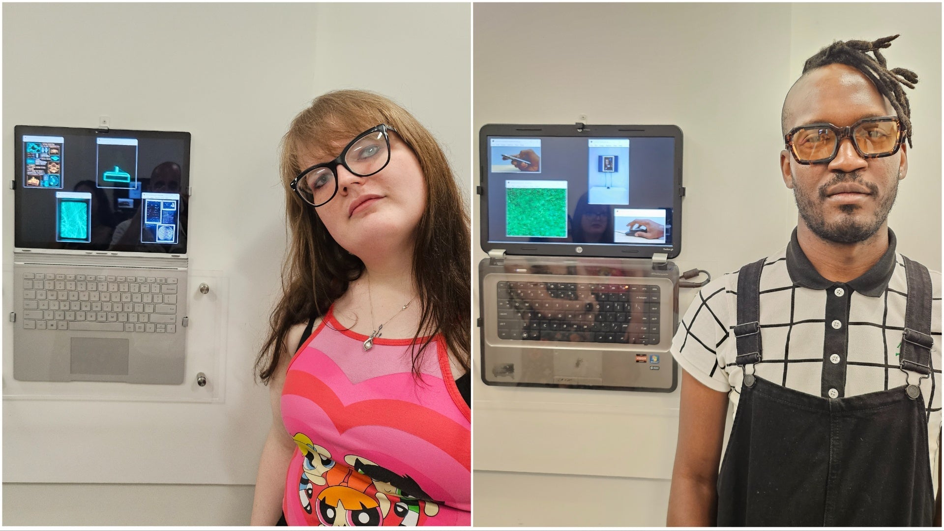 Left, Kate the Cursed next to her low-fi Sci-Fi gifs; right, Pastiche Lumumba next to their gifs that parody modern internet life and culture.