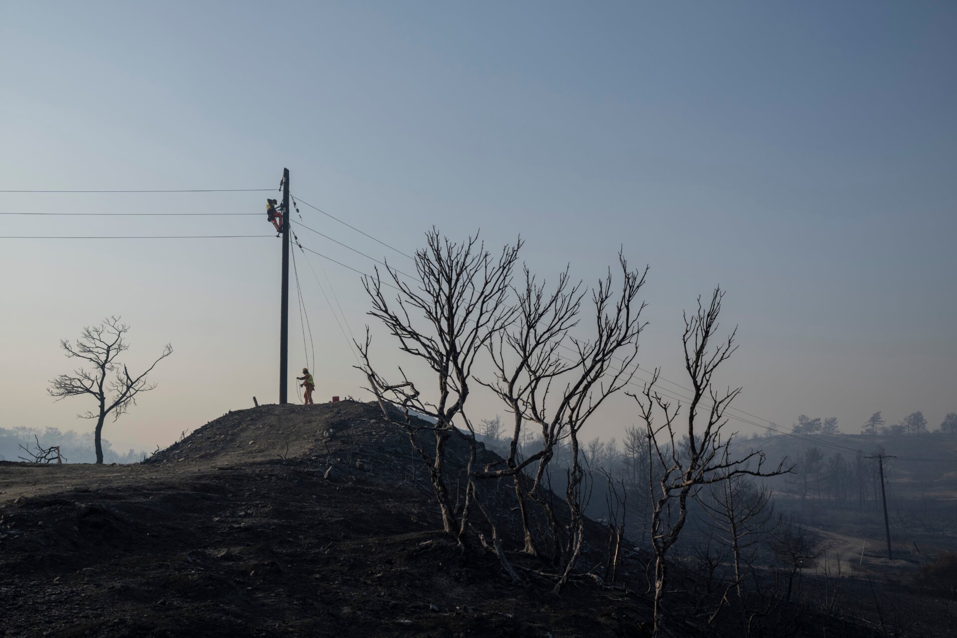 A worker climbing on an electricity pole repairs cables after a wildfire near Gennadi village, on the Aegean Sea island of Rhodes, southeastern Greece, on July 26, 2023.