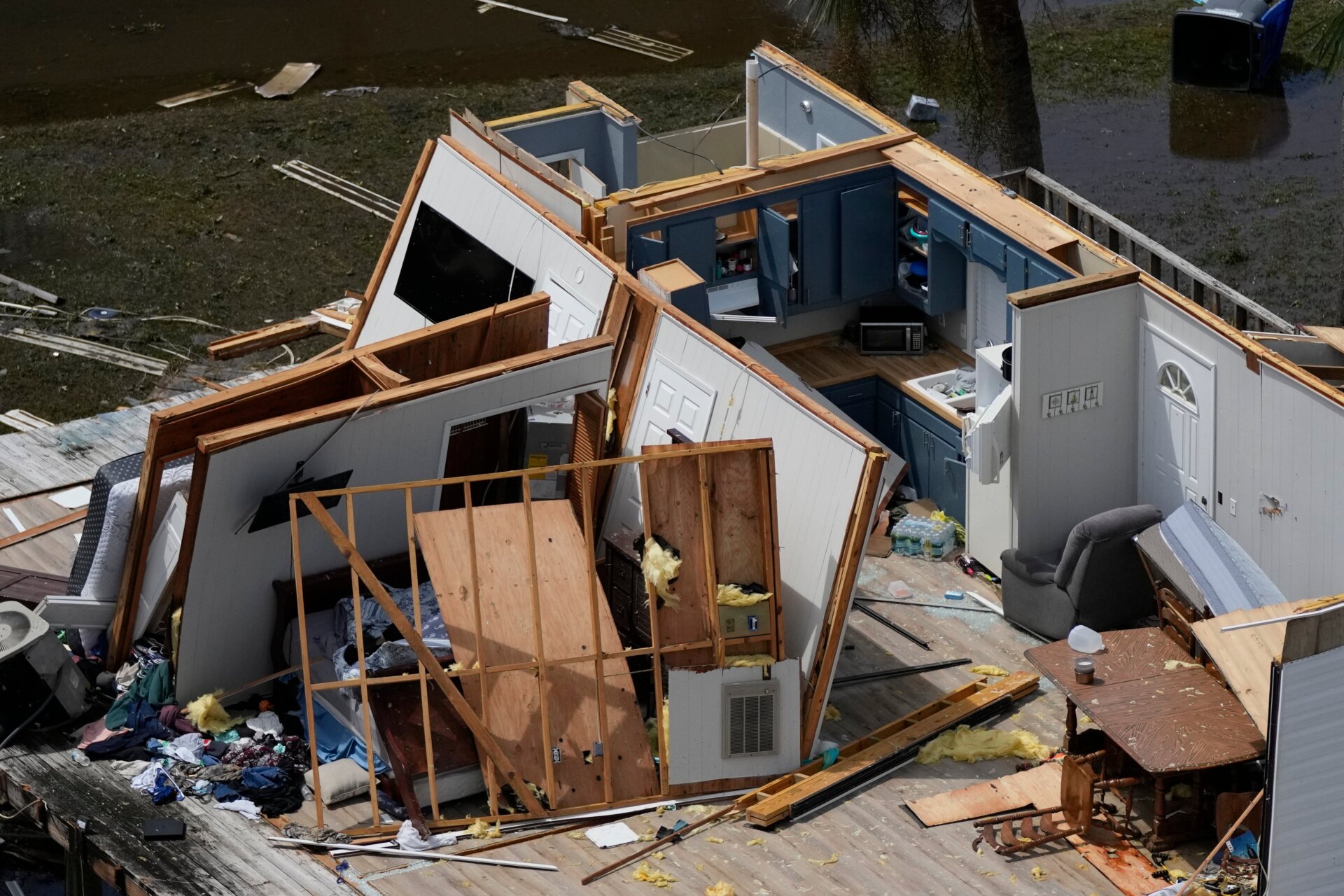 The remains of a destroyed home built atop a platform on piles are seen in Keaton Beach, Florida, following the passage of Hurricane Idalia, on August 30, 2023.