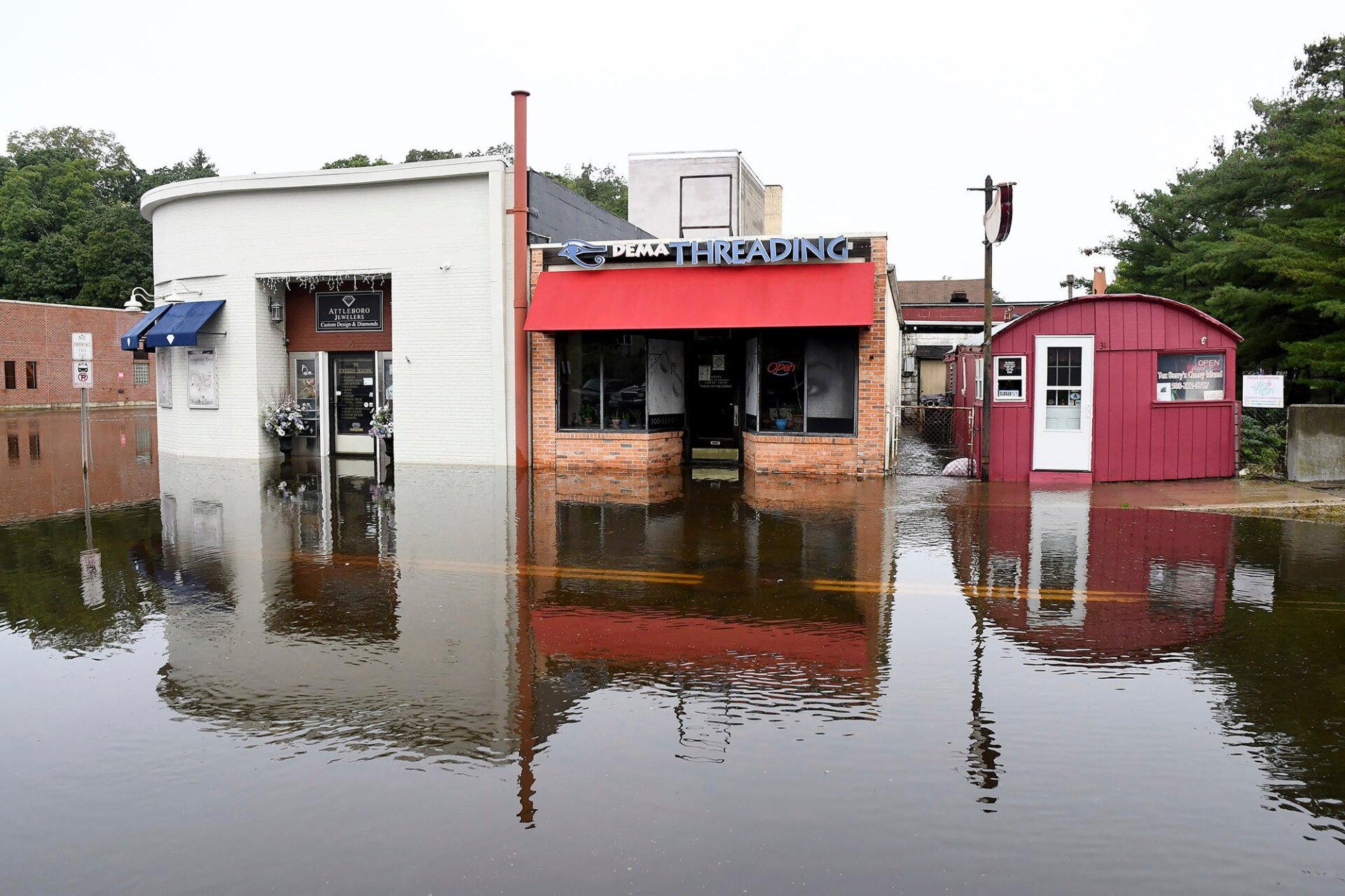Businesses on County Street in Attleboro, Massachusetts remained closed due to flooding from heavy rain on September. 12, 2023.