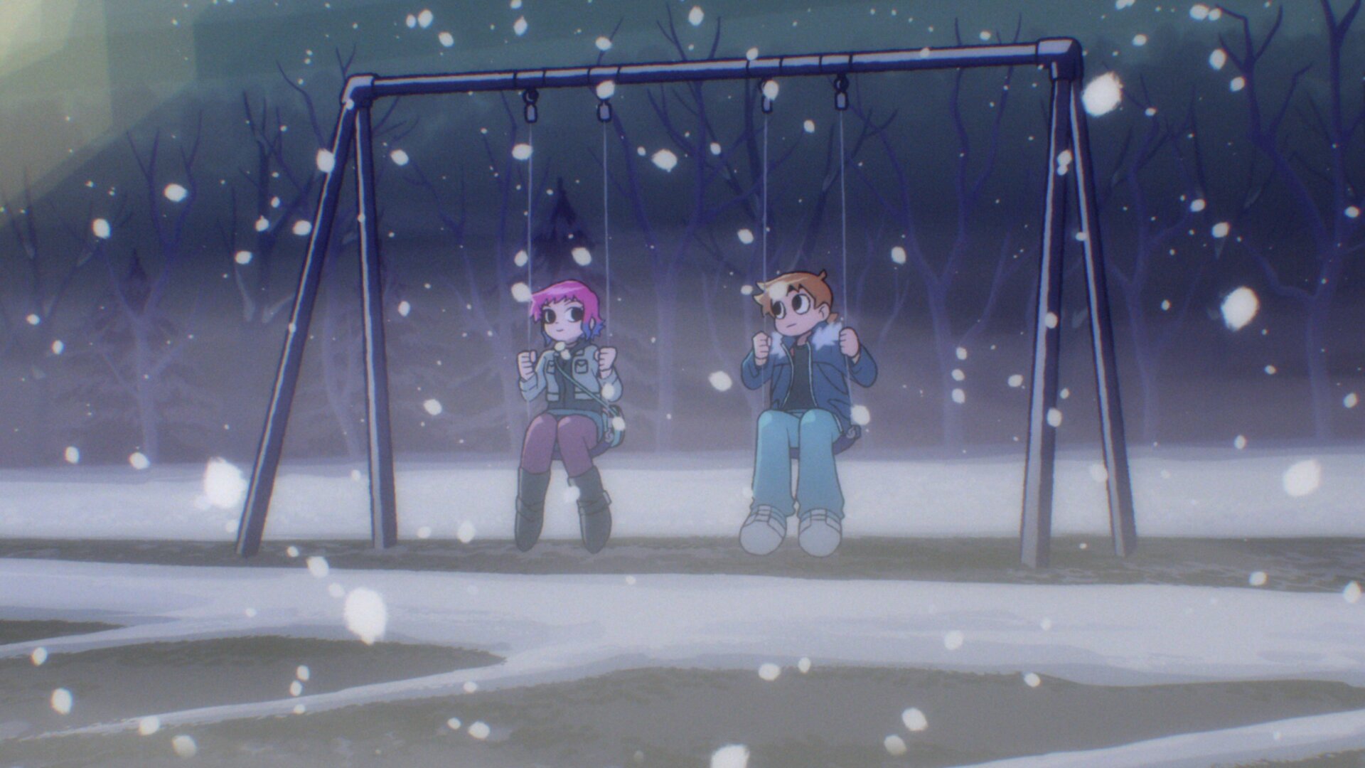 Mary Elizabeth Winstead as Ramona Flowers and Michael Cera as Scott Pilgrim in Scott Pilgrim Takes Off.