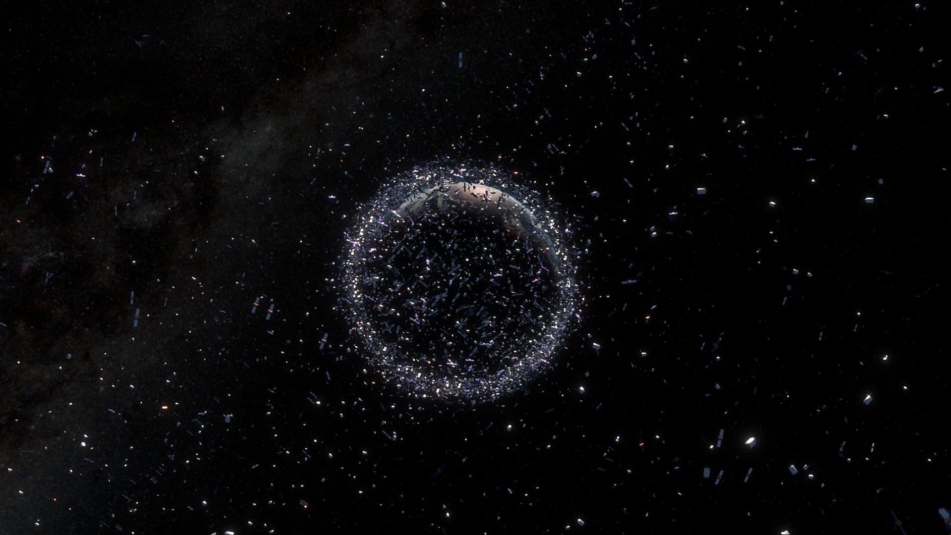 An illustration of space debris littering Earth orbit.