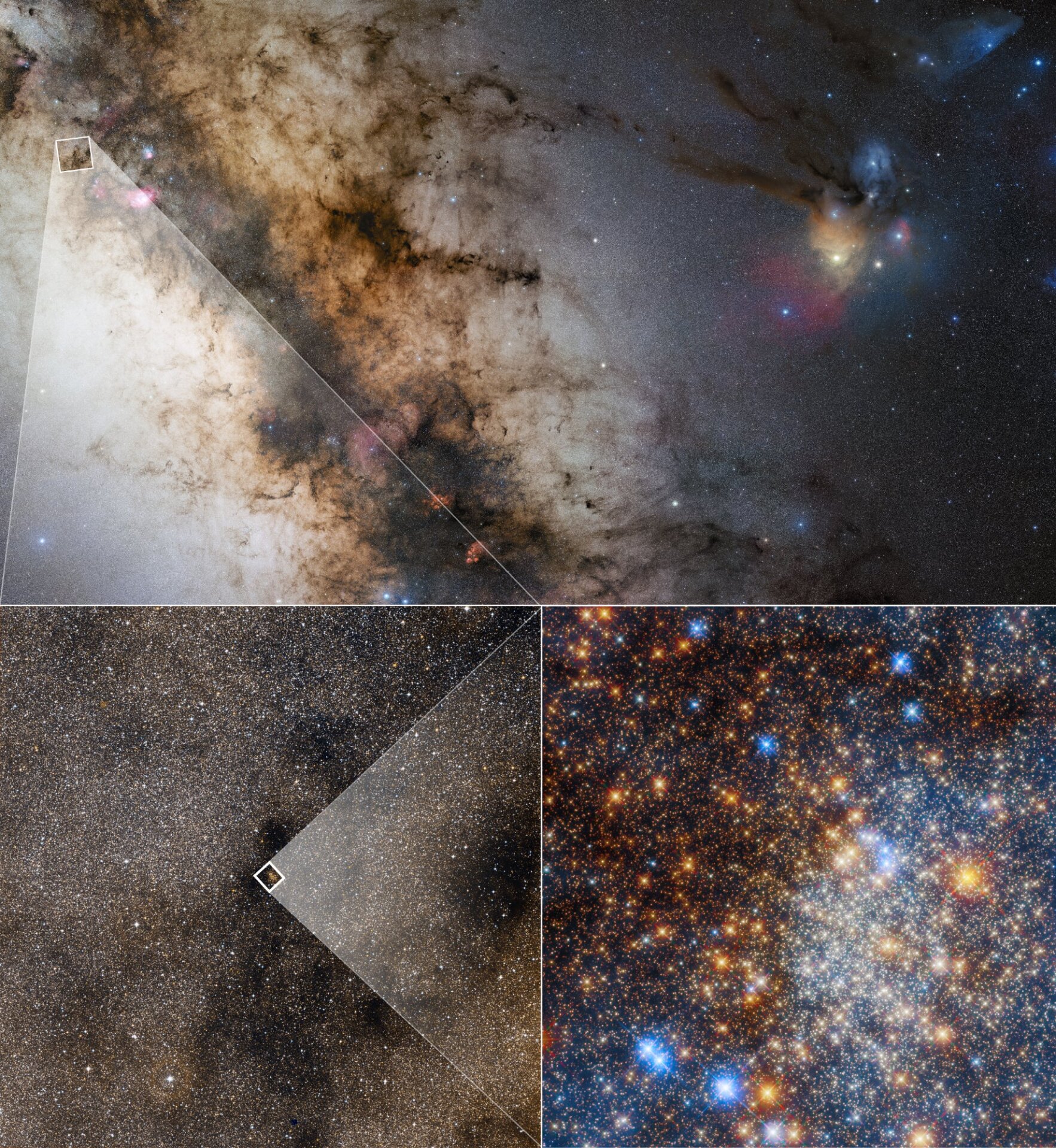 This context image puts the scale of the globular cluster (bottom right) and the Milky Way bulge (top) into context.