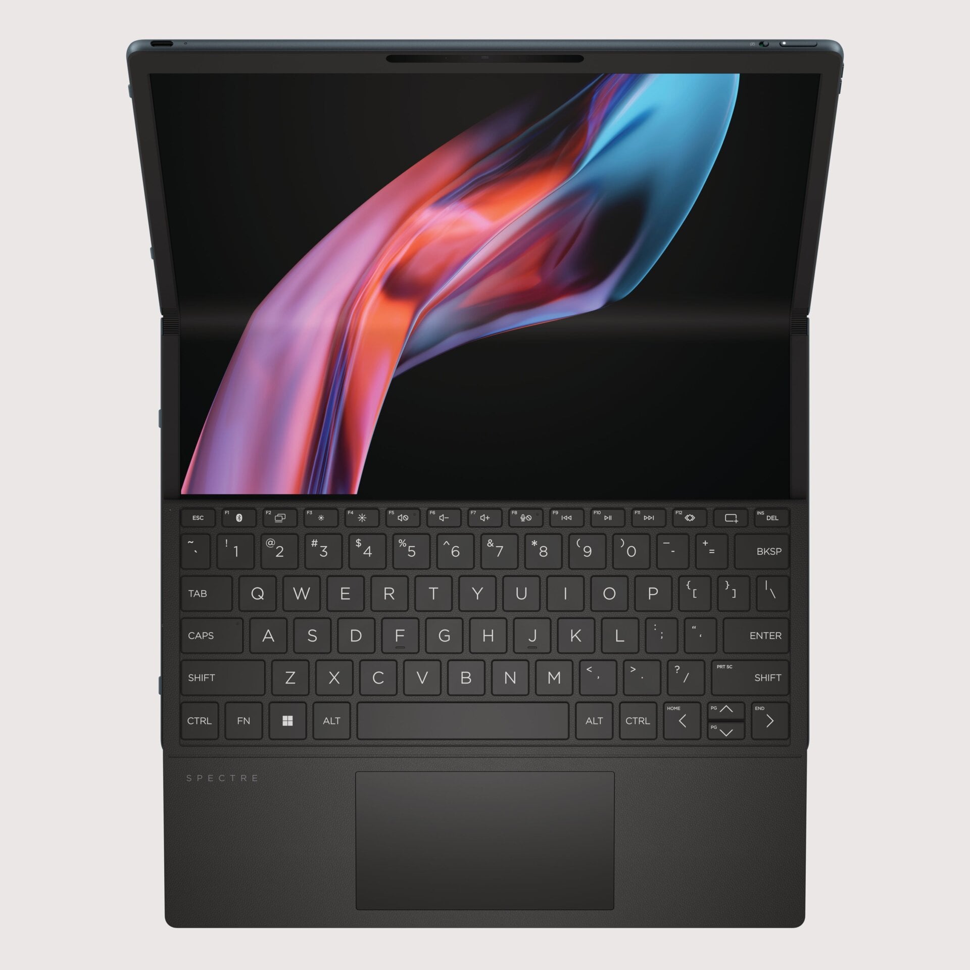 The HP Spectre’s keyboard can sit half on the bottom screen, allowing users to have different apps running along the bottom portion.