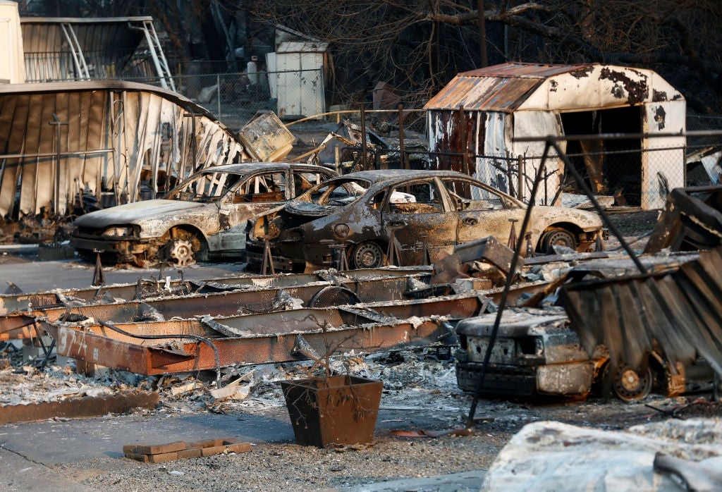Destruction from the Hennesey Fire is seen at the Spanish Flat Mobile Villa trailer park in Lake Berryessa, California on August. 26, 2020. 