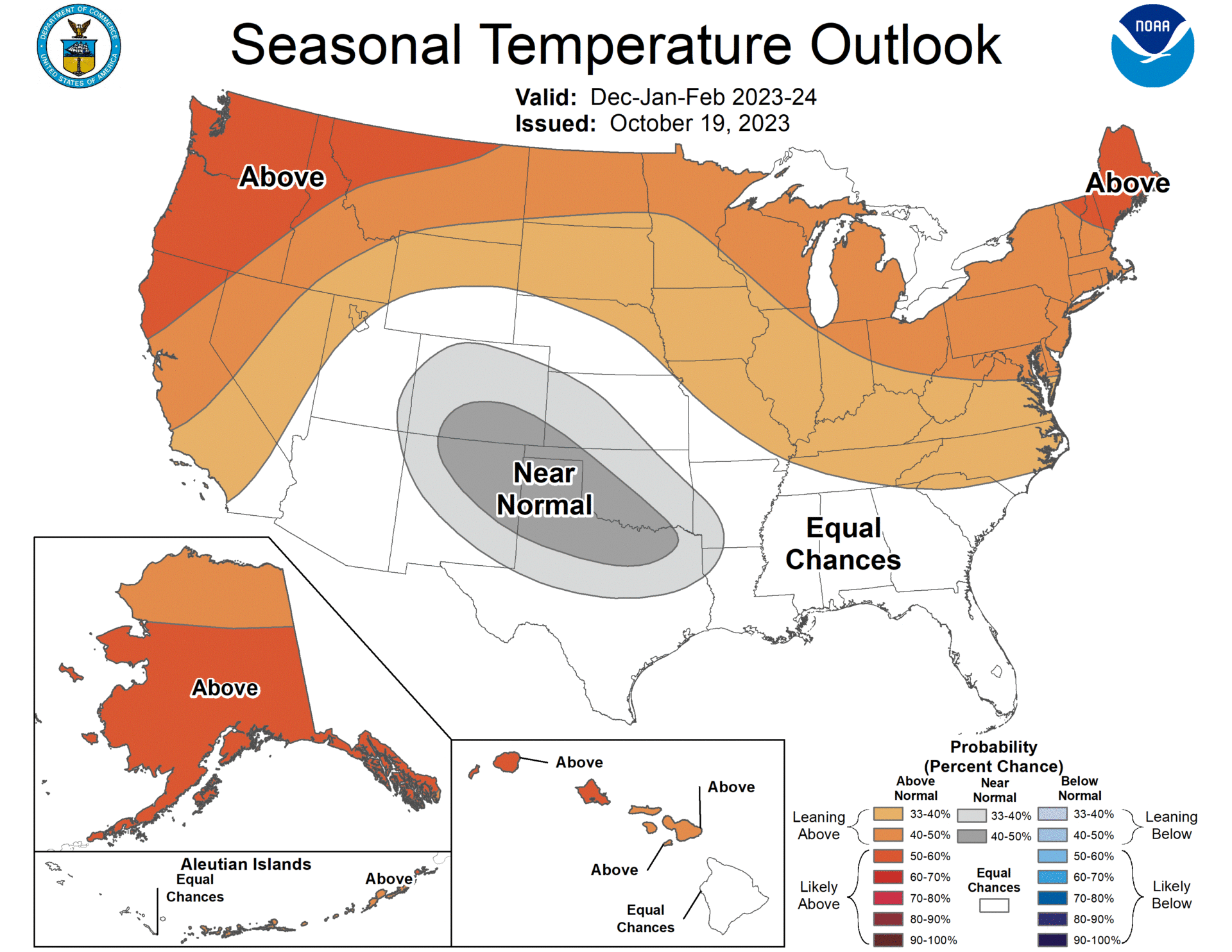 The 2023-2024 U.S. Winter Outlook map for temperature shows the greatest chances for warmer-than-average conditions are in the northern tier of the continental United States. 