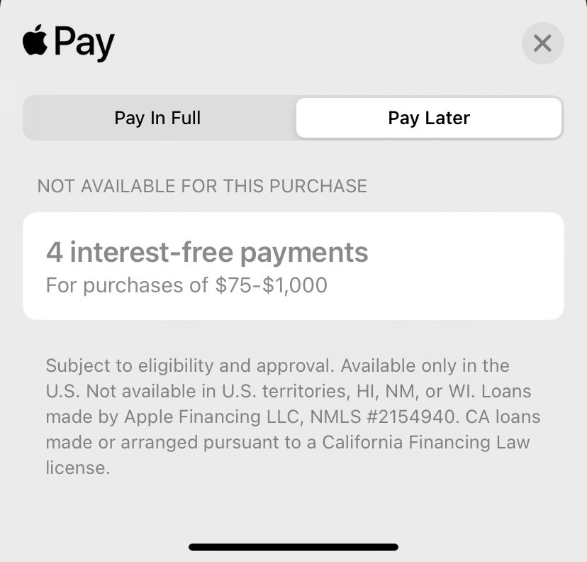 A Gizmodo test of Apple Pay Later shows the increased minimum purchase.