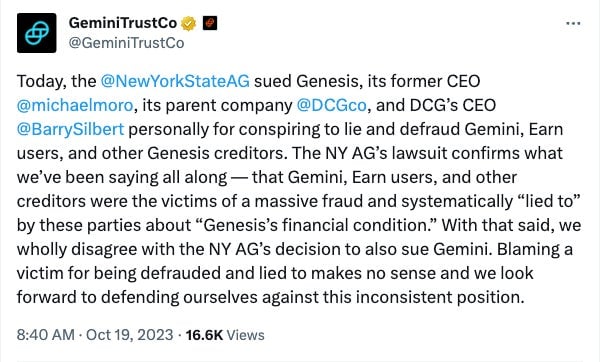 Gemini directed Gizmodo to this tweet as its press release.