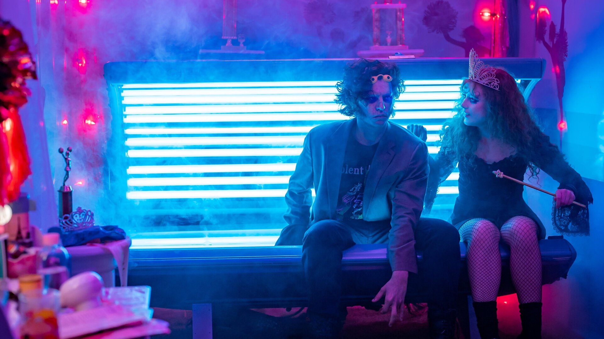 Cole Sprouse as the Creature, Kathryn Newton as Lisa Swallows, and... is that a tanning bed?