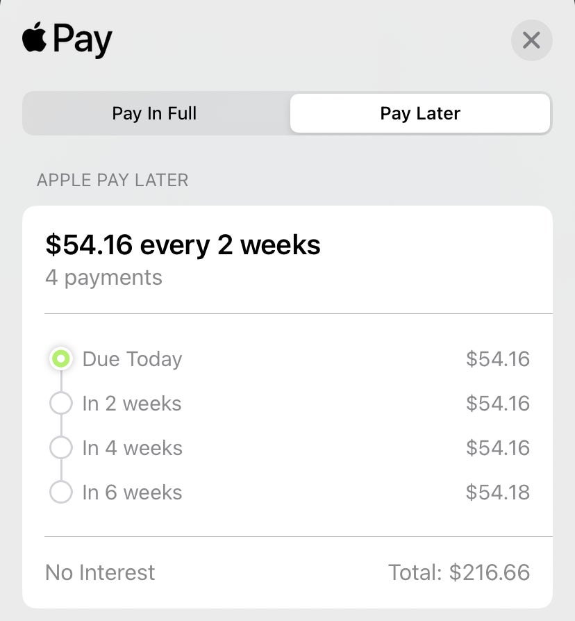A Gizmodo test of a purchase qualifying for Apple Pay Later of $216.66.