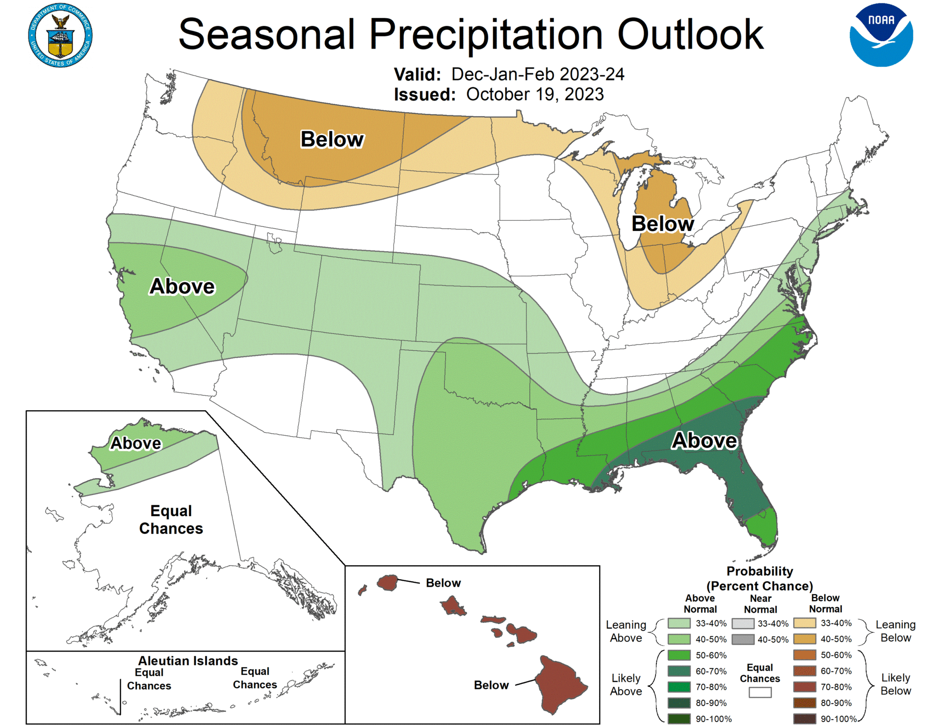 The 2023-2024 U.S. Winter Outlook map for precipitation shows wetter-than-average conditions are most likely across the South and Southeast and parts of California and Nevada. 