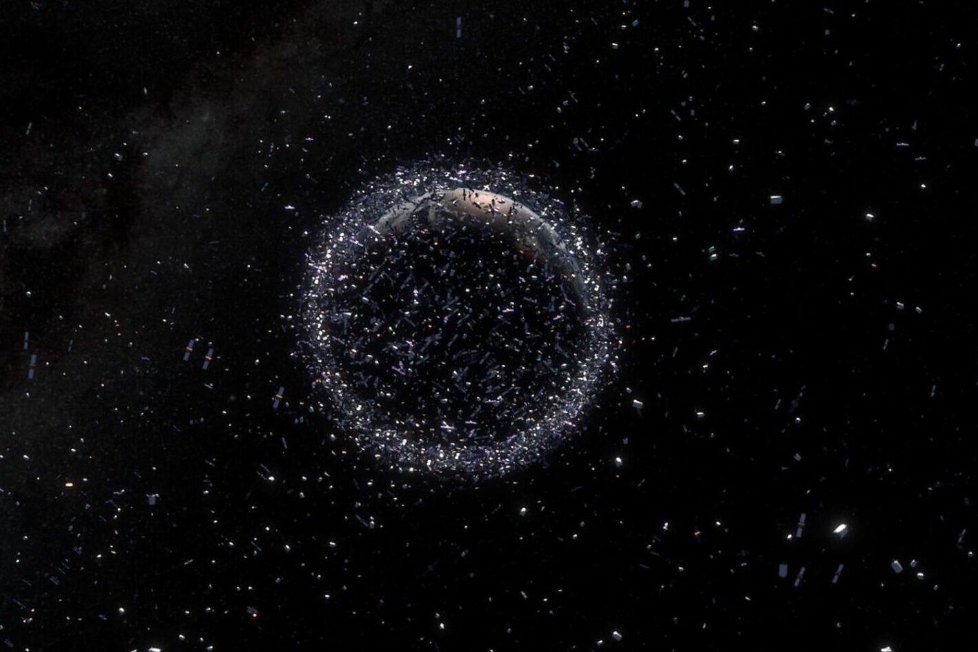 An illustration of space debris littering Earth orbit.