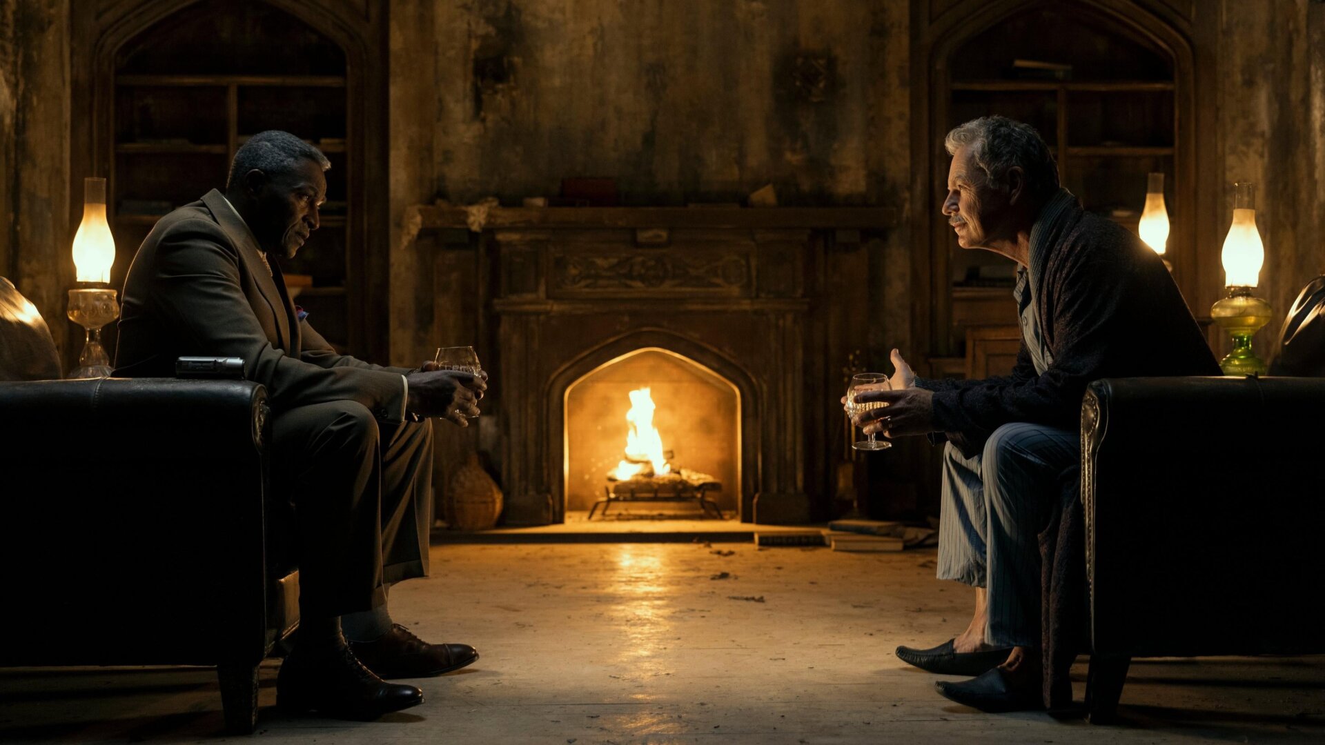 Carl Lumbly as C. Auguste Dupin and Bruce Greenwood as Roderick Usher in Netflix’s new series The Fall of the House of Usher.